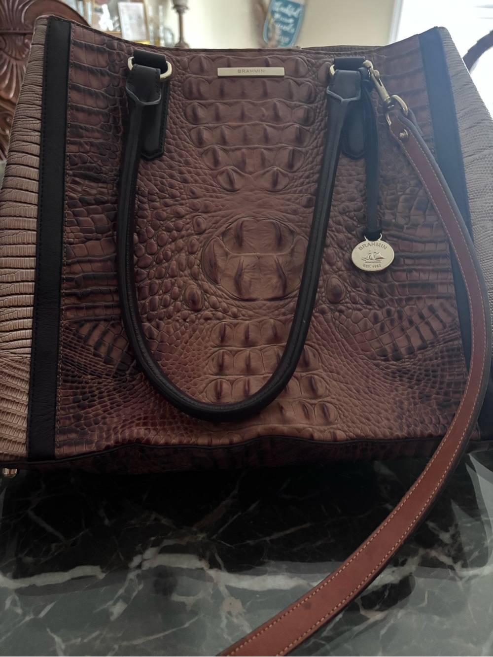 Brahmin Brown Croc-Embossed Tote with Black Handles